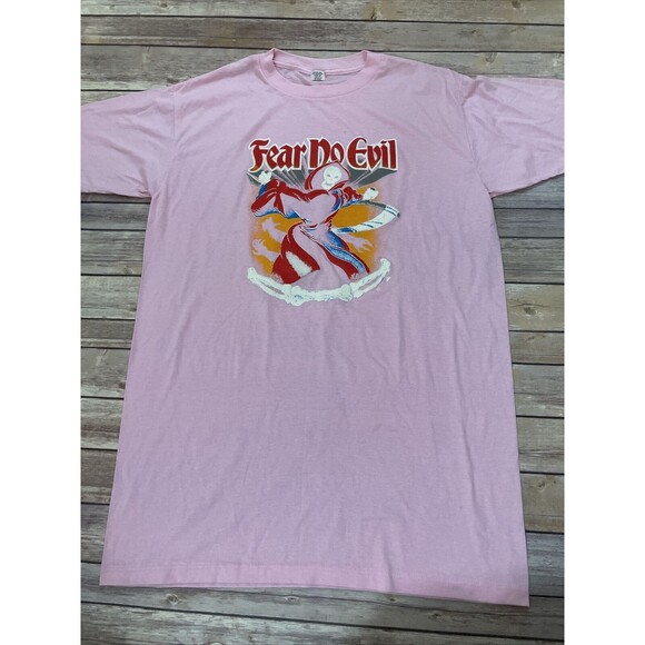 Vintage 90s Fear No Evil TShirt Single Stitch Reaper Biker Metal Easy Rider pink - Picture 1 of 9